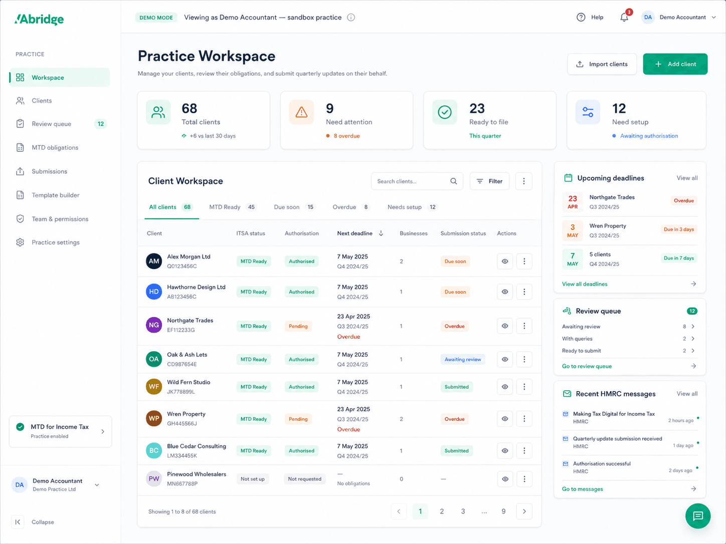 Practice workspace dashboard for accountants